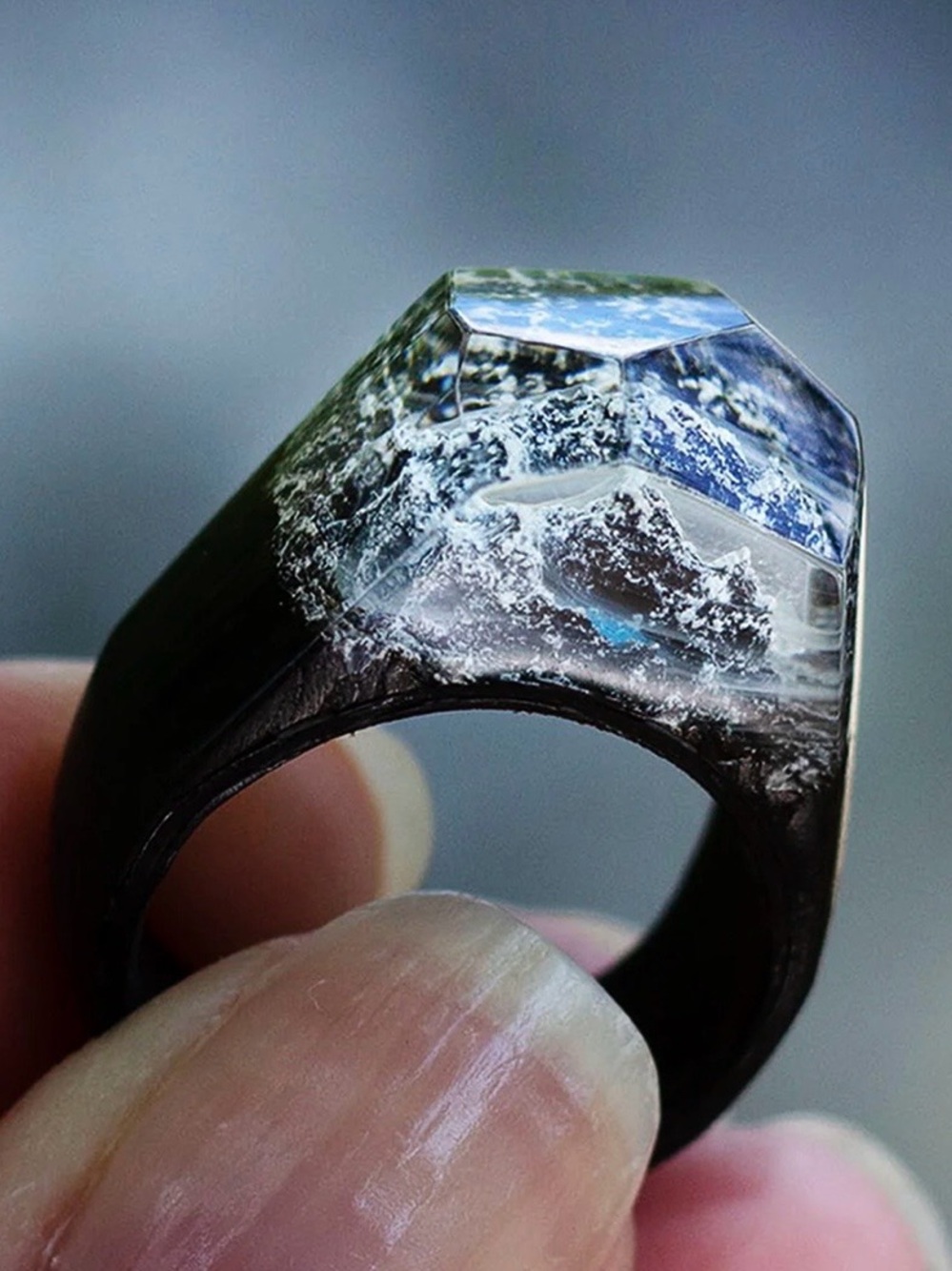 Black and Silver Women's Statement Ring with Blue Accent
